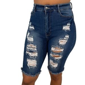 Distressed medium wash high waisted Bermuda shorts
